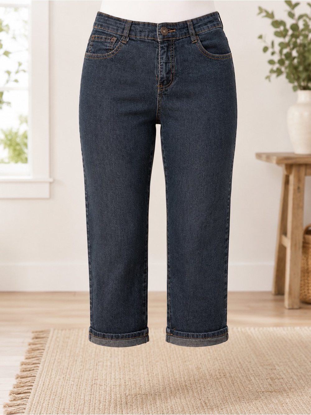Jeanbay Womens 6P Dark Wash Stretch Denim Capri Jeans Cuffed Y2K
